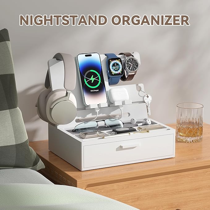 Pezin &amp Hulin Wooden Charging Station Bedside Nightstand Tray with Spacious Drawer Felt Pads for Phones Watch Idea Gifts for Him Birthday Son Christmas for Papa Fathers Day (White)