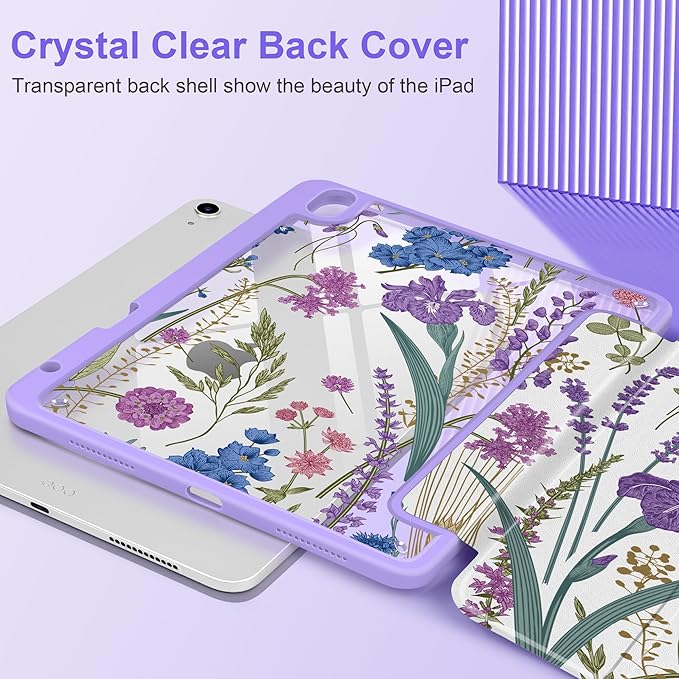 DONGKE Case for iPad Air 11-inch M4 2026 &amp M3 2025 &amp M2 2024 iPad Air 5th/4th Gen 10.9 2022/2020 [Built-in Pencil Holder] Clear Acrylic Back Trifold Stand Smart Cover Purple Botanical Wild