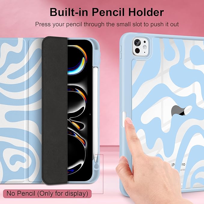 Case for iPad Pro 11 Inch (M5 2025 M4 2024) – [Built-in Pencil Holder] Shockproof &amp Stylish Clear Hard Back + Soft TPU Edge Magnetic Trifold Stand Auto Wake/Sleep Blue Wave