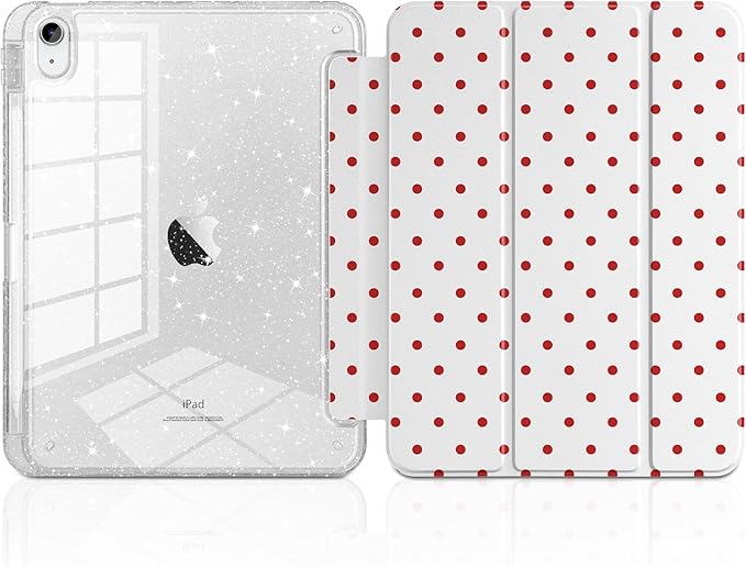MEEgoodo Case for iPad A16 11th Generation 2025/10th Generation 2022 Glitter Tablet Cases with Transparent Acrylic Back+Trifold Stand +Pencil Holder+Auto Wake/SleepRed Polka Dots