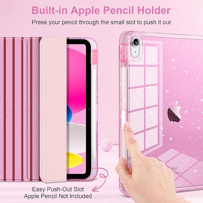 DONGKE for iPad Case 9th/8th/7th Generation 10.2 Inch (2021/2020/2019) Shockproof Glitter Acrylic Back with Trifold Stand Pencil Holder &amp Auto Sleep/Wake - Pink Stripes