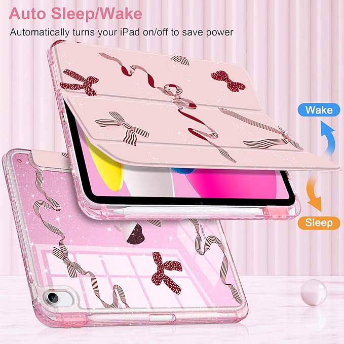 MEEgoodo Case for iPad A16 11th Generation 2025/10th Generation 2022 Glitter Tablet Cases with Transparent Acrylic Back+Trifold Stand +Pencil Holder+Auto Wake/SleepSimple Striped &amp Dots Bow
