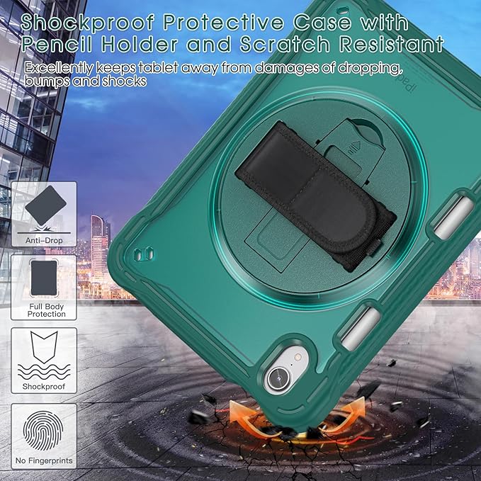 BRAECNstock Case for iPad mini 7 (A17 pro) 2024 &amp Mini 6 2021 8.3-inchShockproof Protective Cover with Pencil HolderScreen Protector360° Rotating Hand Strap/Stand-Midnight Green