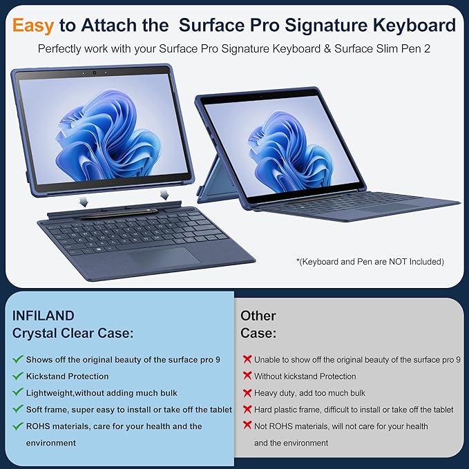 INFILAND Case Crystal Clear Multi-Angle Shockproof for Microsoft Surface Pro 9/10 Compatible with Surface Pro Signature Keyboard &amp Slim Pen 2 Blue