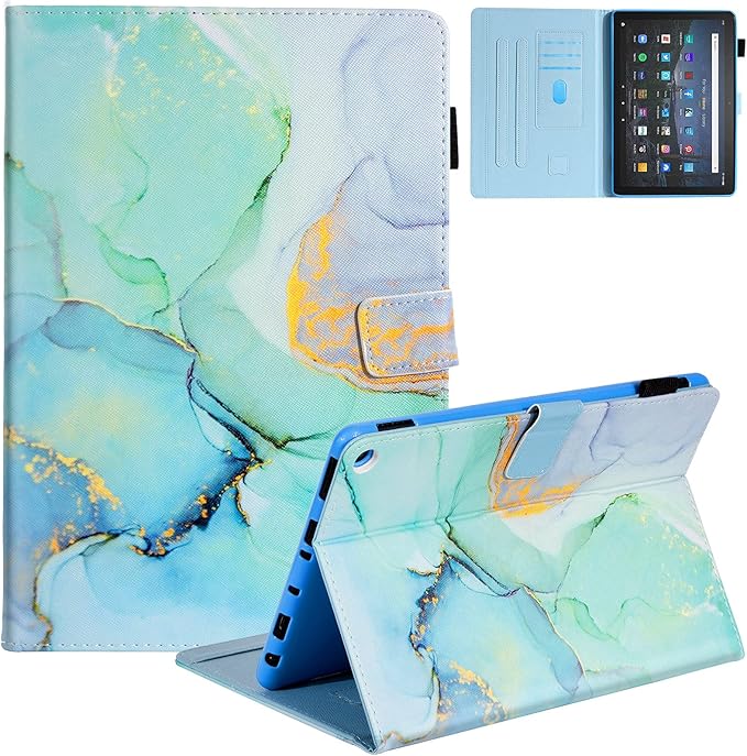 Dteck Case for All-New Fire HD 10 &amp HD 10 Plus Tablet (2021 Release 11th Generation) - Multi-Angle Folio Stand Premium Embossed Leather Protective Smart Cover with Auto Wake Sleep Green Marble