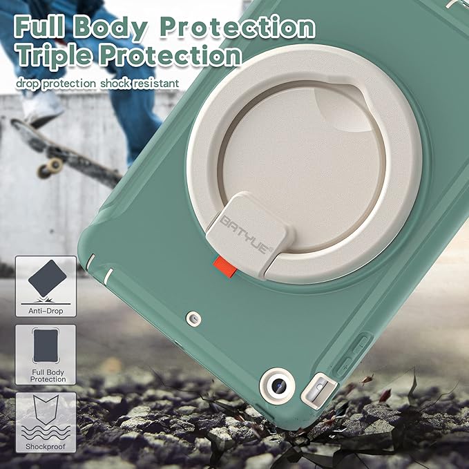 BATYUE Shockproof Case for iPad mini 1/2/3 (2012/2013/2014) - 360° Multi-Angle Stand (Portrait &amp Landscape) &amp Grip Multi-Scene for All Ages Jade Green