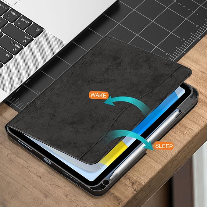 for iPad 10th Generation Case 10.9 inch 2022 with Pencil Holder PU Leather Smart ipad 11th A16 11inch Cover Model: A2696 /A2757 / A2777 Auto Sleep/WakeBlack