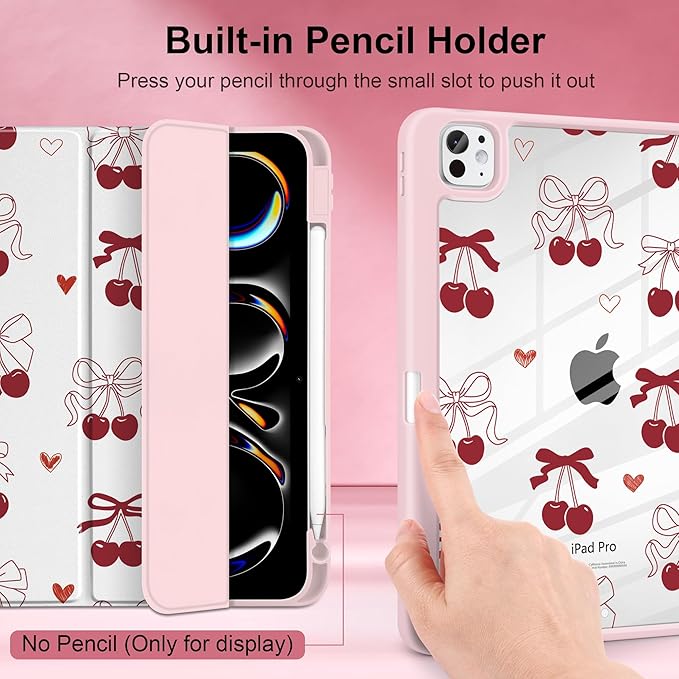 Case for iPad Pro 13 inch (M5) 2025 (M4) 2024 Release with Pencil Holder - Aesthetic Cute Preppy Design Trifold Cover with Soft TPU Bumper Clear Back Auto Sleep/Wake for Girls Women Cherry