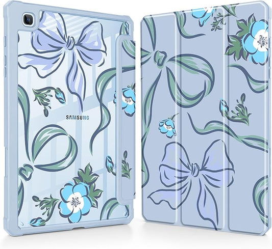 Mektron Case for Samsung Galaxy Tab S6 Lite 10.4 Inch 2024/2022/2020 with S Pen Holder Multi-Angle Viewing with Shockproof Cover Clear Shell + Trifold Stand + Auto Wake/Sleep Flowers-Bows-Blue