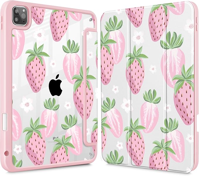 May Chen for iPad Pro 11 inch M2 4th Generation 2022 iPad Pro 11 3rd/2nd/1st Gen Built-in Pencil Holder with Shockproof Cover Clear Transparent Back Shell Auto Wake/Sleep Strawberries