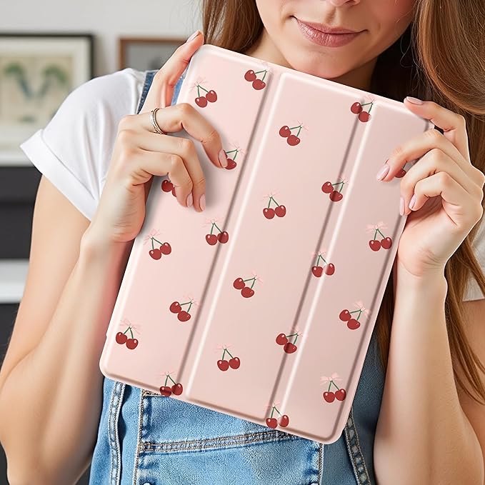 Idocolors Cute Kawaii Bow Cherries Pad Case for 10.5 Inch iPad Pro(2017)/iPad Air 3 Clear TPU Smart Stand Back Cover with Pencil Holder Auto Wake/Sleep Foldable Protective Case for Women Girls