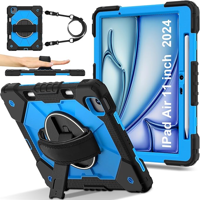 Case for iPad Air 11 inch M2 2024Tablet case for iPad Air 6th Generation Kids case Shockproof Protective with 360° Rotate Kickstand Hand Strap Shoulder Strap Cover Black/Blue