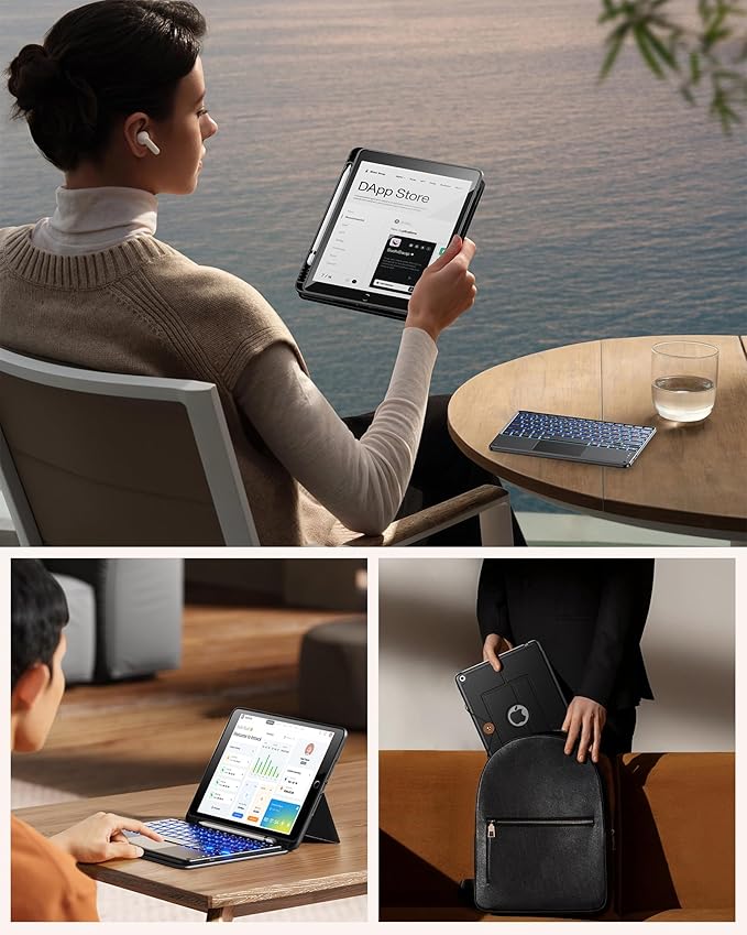 INFILAND Keyboard Case for iPad 9th/8th/7th Generation (10.2 Inch) 7-Color Backlight &amp High Precision Trackpad Slim and Portable Detachable Folder Style Keyboard Case with Pencil HolderBlack