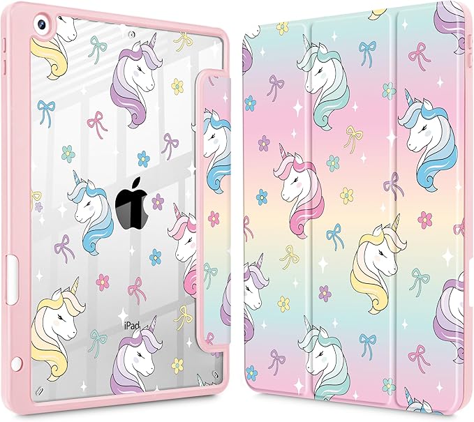 for iPad 9th Generation with Pencil Holder iPad 8th/7th Gen Case 10.2-inch [Built in Pencil Holder] Trifold Stand Auto Wake/Sleep Clear TPU Protection Back Cover Rainbow Unicorn