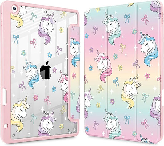 for iPad 9th Generation with Pencil Holder iPad 8th/7th Gen Case 10.2-inch [Built in Pencil Holder] Trifold Stand Auto Wake/Sleep Clear TPU Protection Back Cover Rainbow Unicorn