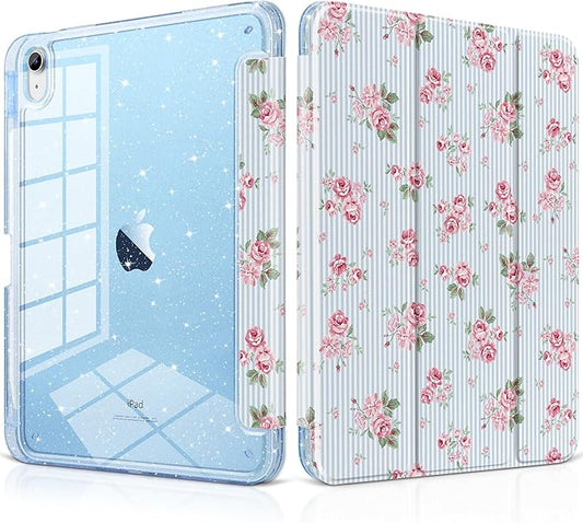 DONGKE for iPad Pro 11 inch Case – Fits M5 2025 / M4 2024 Shockproof Sparkling Glitter Acrylic Back Pencil Holder Trifold Stand Auto Sleep/Wake &amp Touch ID Support - Tiny Roses