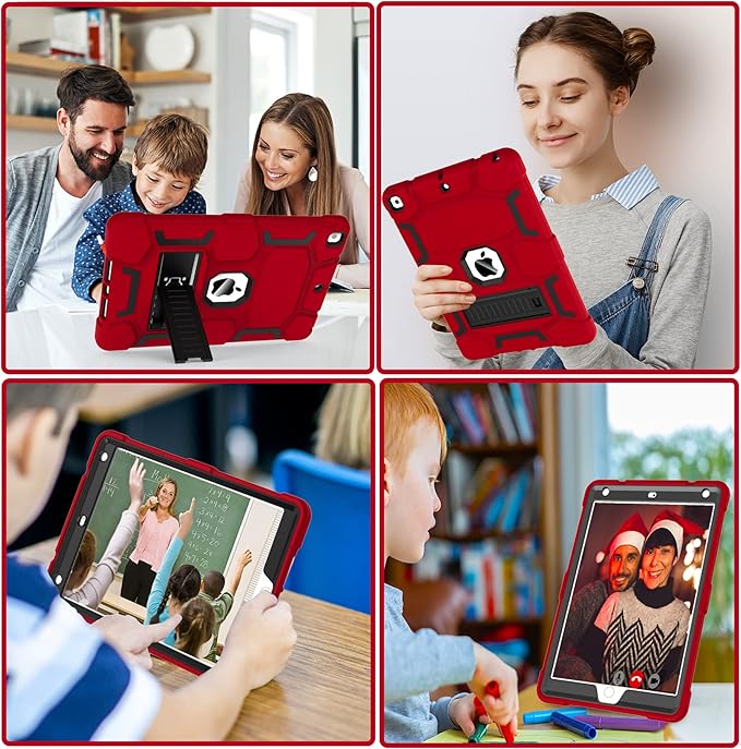 CCMAO for iPad 9th/8th/7th Generation 10.2 Inch Case 2021/2020/2019 with Kickstand Heavy Duty Shockproof Hybrid Three Layer Protective Cover Red+Black