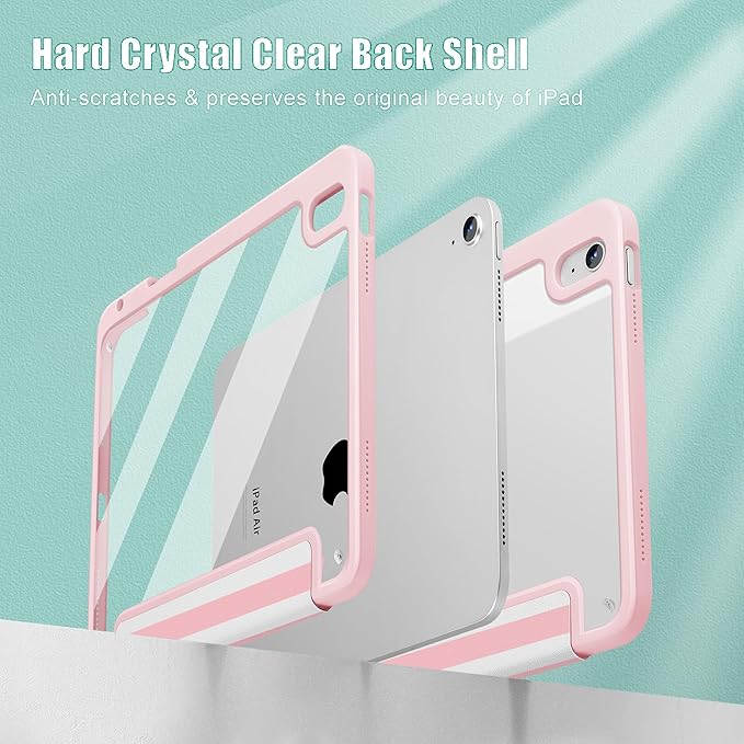 May Chen for iPad Air 11-inch M4/M3/M2 (2026/2025/2024) iPad Air 5th/4th 10.9 Inch - Shockproof Cover with Clear Back Shell &amp Penceil Holder Auto Wake/Sleep Stand Cover Pink Stripes