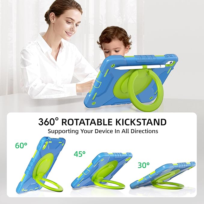 Case for iPad (A16) 11th Generation 11 inch 2025/10th Generation 10.9 inch 2022 Shockproof Cover with Screen Protector/360° Rotate Handle/Bracket/Pen Holder/Shoulder Strap (Blue+Green)