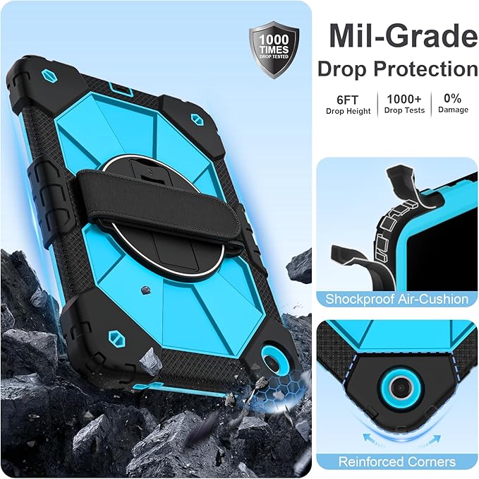 for Samsung Galaxy Tab A11 Plus/A11+ Case 2025 11 Inch Galaxy Tab A9+ Case 2023 Rugged Samsung A11+ Tablet Cover with 360 Rotating Stand Hand Strap Shoulder Strap Screen Protector BlackBlue