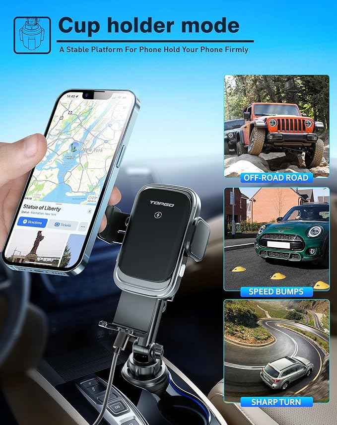 [Upgraded] TOPGO Cup Phone Mount Wireless ChargerUniversal Cell Phone Holder Car Charger Wireless-Charger-Cup-Phone-Holder Fast Charging for iPhone16/16 Pro/16 Pro Max Samsung Galaxy - Black