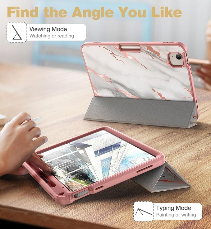 SURITCH Case for iPad (A16) 11th Generation 11 Inch 2025/iPad 10th Generation 10.9 Inch 2022 with Screen Protector Pencil Holder Tri-fold Stand Auto Wake/Sleep Shockproof Protection White Marble