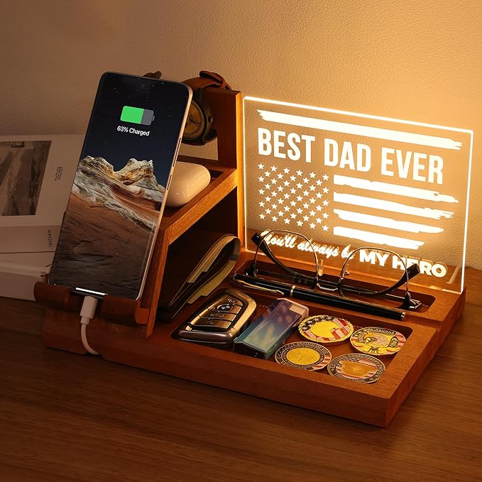 Attivolife Gifts for Dad Men Husband LED Phone Docking Station Desk Organizer Cell Phone Stand with Night Light Best Dad Ever Gift for Father's Day Key Holder Stand for Wallet Watch Essentials