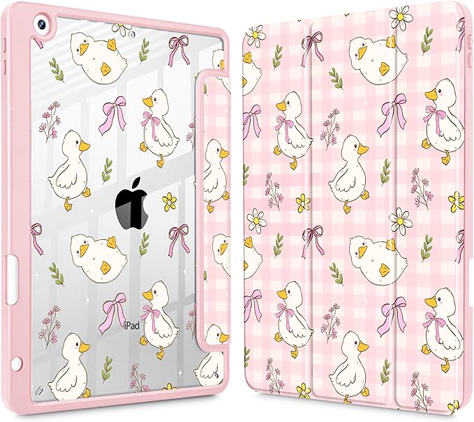 for iPad 9th Generation with Pencil Holder iPad 8th/7th Gen Case 10.2-inch [Built in Pencil Holder] Trifold Stand Auto Wake/Sleep Clear TPU Protection Back Cover Duck &amp Bow
