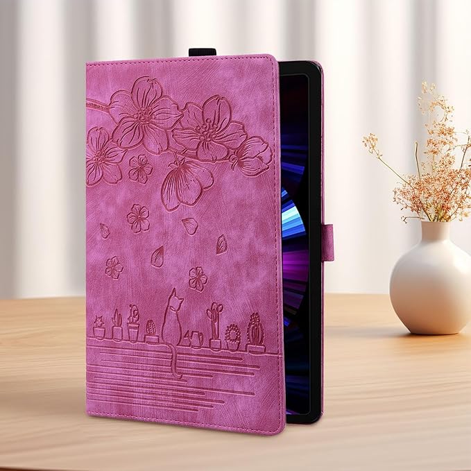 Case for Samsung Galaxy Tab S10 FE+/S10 FE Plus 13.1 Inch 2025 (SM-X620/SM-X626B) with Pencil Holder/Pockets Folio Stand Embossed Cherry Blossom PU Leather Magnetic Wallet Cover Rose Cat