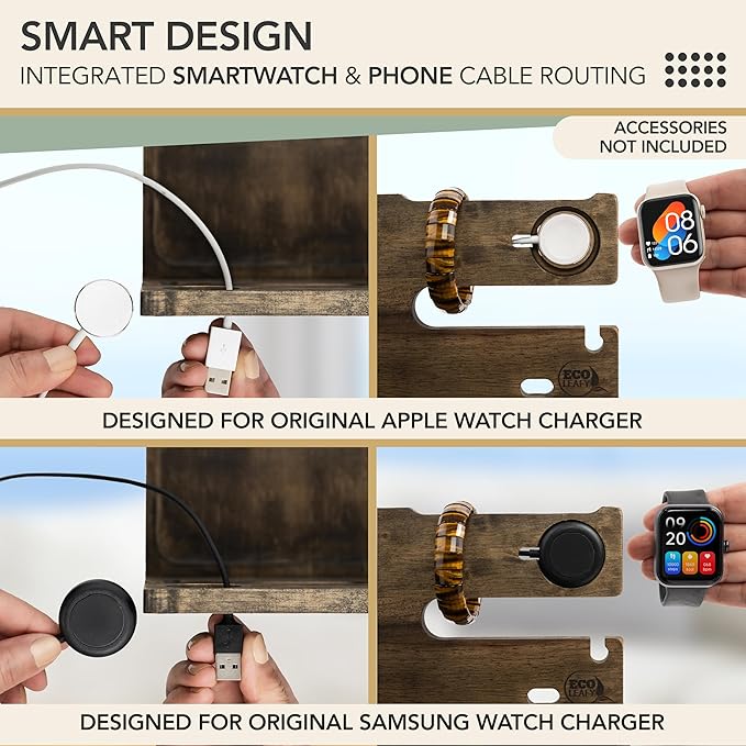 Nightstand Organizer- Phone Docking Station for Men- Unique Gifts for Husband Father or Dad from Wife Son or Daughter- Desk Organizer for Cellphone Watches Wallet and Key (Rustic)