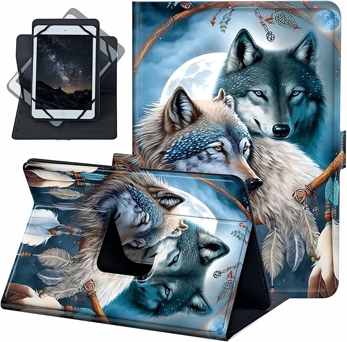 for Universal 10 10.1 Inch Android Tablet Case 360 Degree Rotating Leather Stand Folio Cover for iPad 9.7/10.2/10.5/Galaxy Tab 9-10.5/Fire HD10 &amp More 9.0-10.5 Inch TabletDream Catcher Wolf