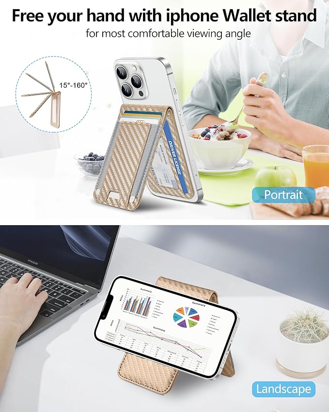 ExtreLife For Magsafe Wallet Adjustable Stand and Open ID Window Magnetic Wallet for iPhone 17/16/15/14 Pro Max/14 Pro/14/14 Plus/13/12 Series 9 Cards Champagne Gold