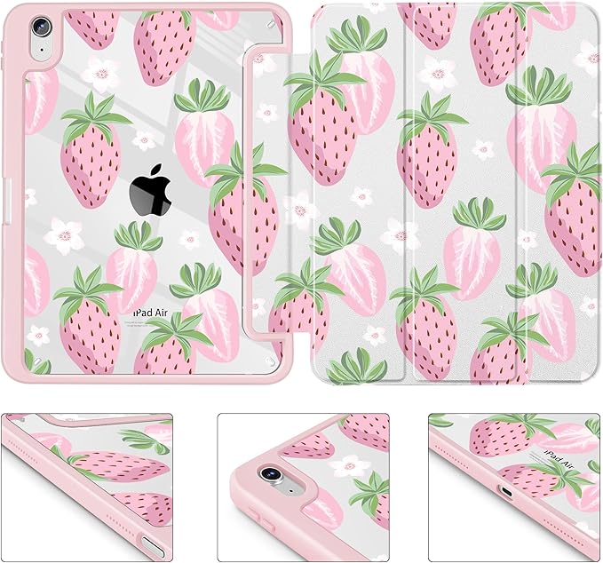 May Chen Case for iPad Air 13 Inch M4 2026 M3 2025 M2 2024 [Built-in Pencil Holder] Shockproof Cover with Clear Transparent Back Shell Auto Sleep/Wake Cover Strawberries