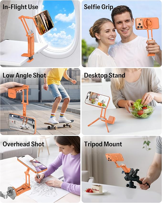 OMOTON TP02-Pro Magnetic Phone Holder for Vlogging Content Creator Essentials with 1/4 Screw Arca Strong Back Magnet for Gym Adjustable Phone Stand &amp Selfie Stick for iPhone 12-17 Series Ora