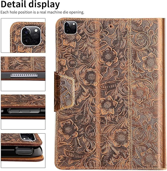 Gexmil Case for iPad Pro 11 Inch4th/3rd/2nd/1st Generation(2022/2021/2020/2018) Genuine Leather Cover with Pencil HolderCowhide Folio CoverAuto Sleep/Wake Magnetic ClosureFlower Brown