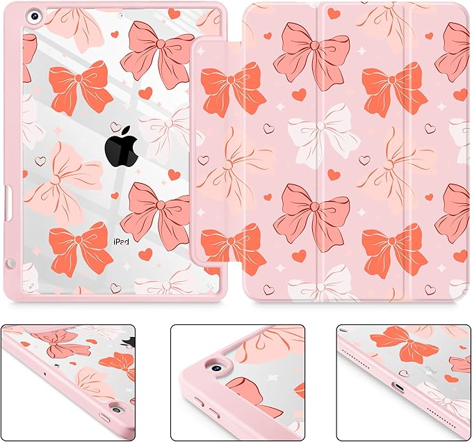 for iPad 9th Generation with Pencil Holder iPad 8th/7th Gen Case 10.2-inch [Built in Pencil Holder] Trifold Stand Auto Wake/Sleep Clear TPU Protection Back Cover Bows SD146