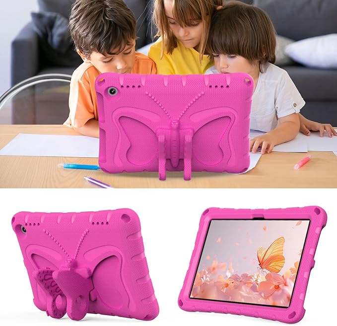 For Kindle Fire HD8 (2020/2022) kids girl Tablet Case Butterfly Wings Kickstand EVA Material Light Weight Shockproof Rugged Heavy Duty Kids Case for Kindle Fire HD8 Plus (2020/2022) (Rose red)