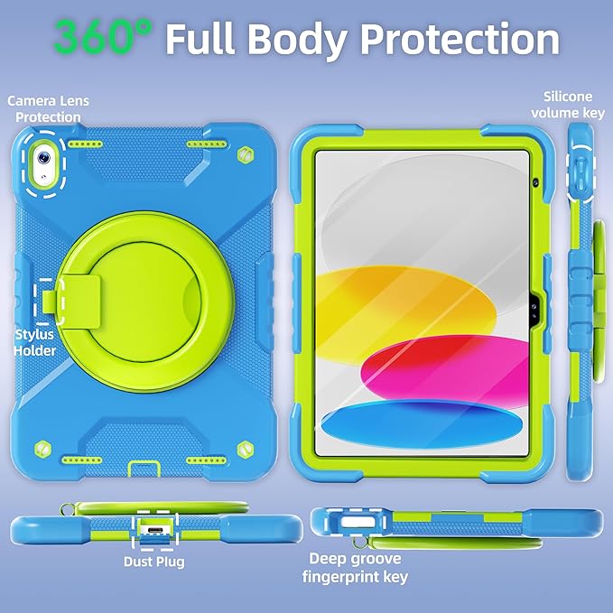 Case for iPad (A16) 11th Generation 11 inch 2025/10th Generation 10.9 inch 2022 Shockproof Cover with Screen Protector/360° Rotate Handle/Bracket/Pen Holder/Shoulder Strap (Blue+Green)