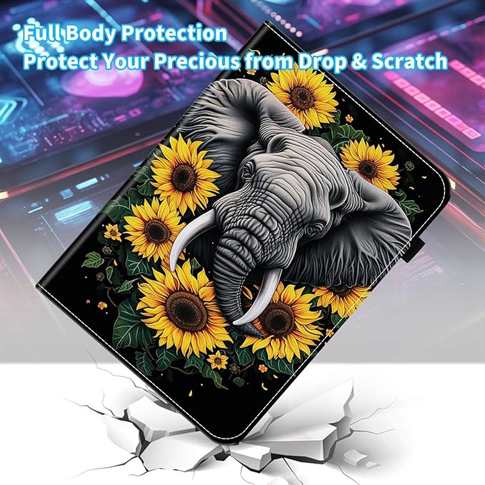 Case for Samsung Galaxy Tab A9 Plus/A9+ 5G 11 Inch 2023 Model (SM-X210/X216/X218)Card Slot PU Leather TPU Case Pen Holder Auto Wake SleepSunflower Elephant