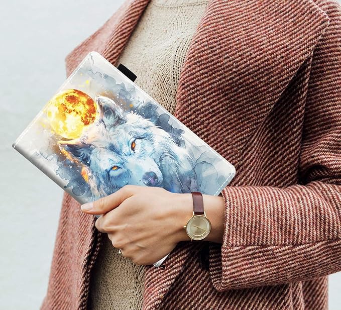 Case for Amazon Kindle Fire 7 Tablet (7 9th/7th Generation 2019/2017 Release) Slim PU Leather Cover with Card Slot &amp Auto Wake/Sleep Watercolor Art Wolf