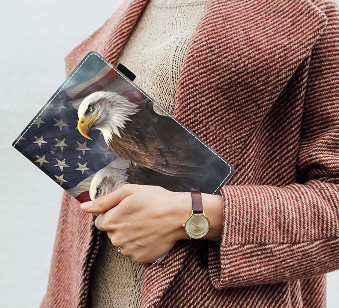 Case for Amazon Kindle Fire 7 Tablet (7 9th/7th Generation 2019/2017 Release) Slim PU Leather Cover with Card Slot &amp Auto Wake/Sleep Patriotic American Flag Bald Eagle