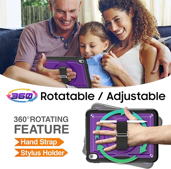 SEYMAC stock Case for iPad A16 11-inch Case 2025/ for iPad 11th/ 10th Generation 10.9'' 2022 Protective with Screen Protector Pen Holder Rotate Stand Loop Nylon Hand Strap Shoulder Strap Purple