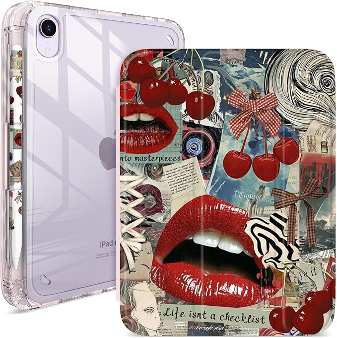 Y2K Retro Red Lips Cherry Design Case for iPad mini 6/7 (8.3) Cover with Pencil Holder DIY Stickers Tri-Fold Stand Auto Wake/Sleep for Girls
