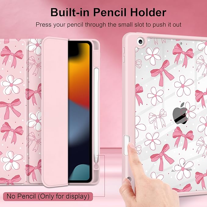 DONGKE for iPad 9th/8th/7th Generation Case 10.2 Inch (2021/2020/2019) [Auto Sleep/Wake &amp Pencil Holder] Clear Acrylic Back Trifold Stand Cover Bow &amp Daisy