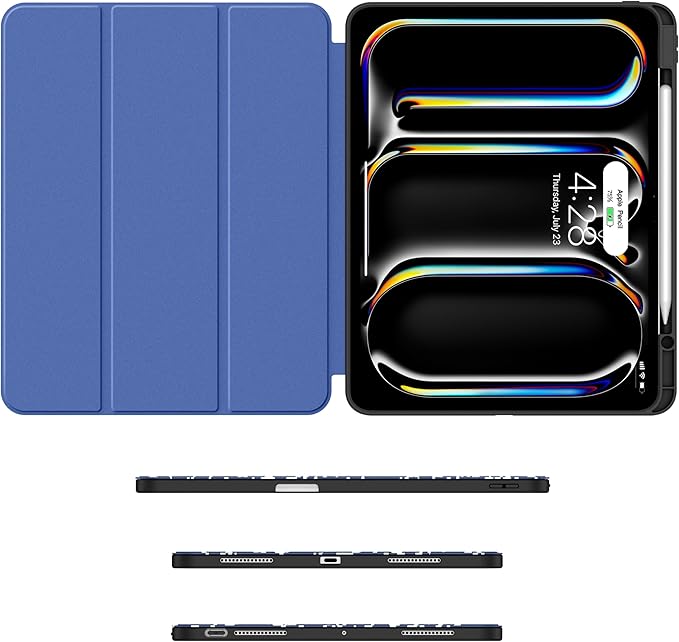 Soke Case for New iPad Pro 13 Inch (M5/M4 2025/2024 Release) with Pencil Holder Trifold Stand Shockproof [Support Apple Pencil Charging + Auto Wake/Sleep] Soft TPU Back Cover Book Navy