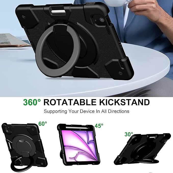 Case for iPad Air 11 inch Case M3 2025/ M2 2024 (Air 7th/6th Generation) Heavy Duty Shockproof Cover with Screen Protector 360° Rotating Stand Pencil Holder Shoulder Strap (Black)