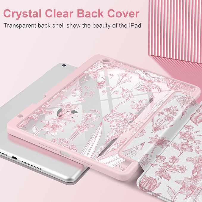 DONGKE for iPad 9th/8th/7th Generation Case 10.2 Inch (2021/2020/2019) [Auto Sleep/Wake &amp Pencil Holder] Clear Acrylic Back Trifold Stand Cover Pink Florals