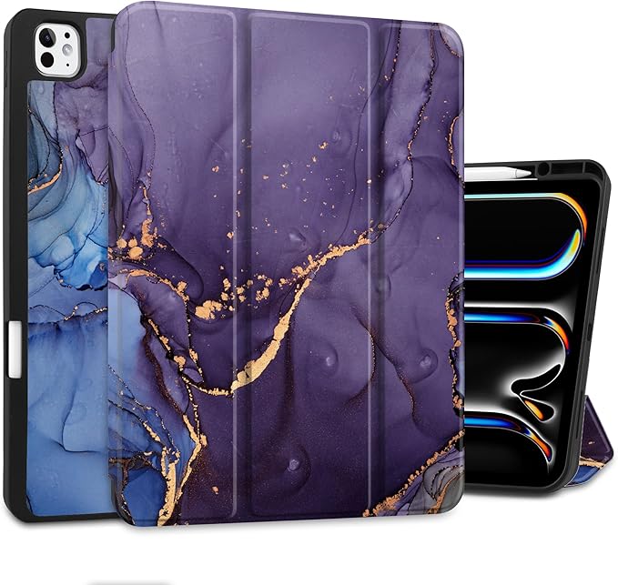 DONGKE Case for iPad Pro 13 inch (M5 2025 / M4 2024) – [Built-in Pencil Holder] Ultra Slim PU Leather Trifold Stand Cover with Soft TPU Back Auto Wake/Sleep - Abstract Marble