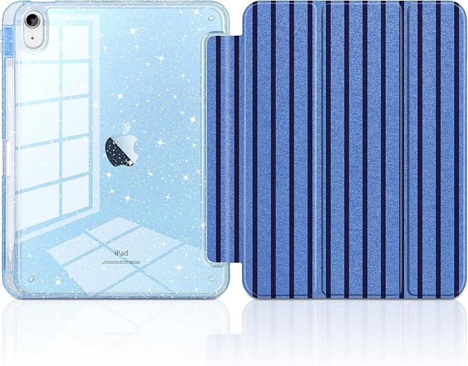 DONGKE for iPad Pro 11 inch Case – Fits M5 2025 / M4 2024 Shockproof Sparkling Glitter Acrylic Back Pencil Holder Trifold Stand Auto Sleep/Wake &amp Touch ID Support - Dark Blue Stripes