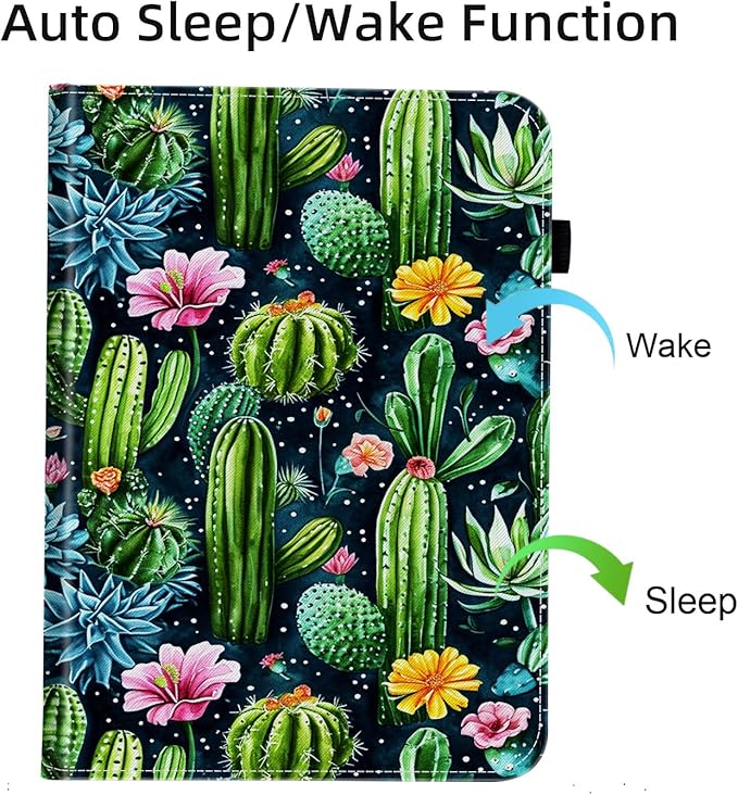 Case for Samsung Galaxy Tab S9 FE 5G 10.9 Inch/Galaxy Tab S9 11 Inch 2023Card Slot PU Leather TPU Case Pen Holder Auto Wake SleepCute Cactus